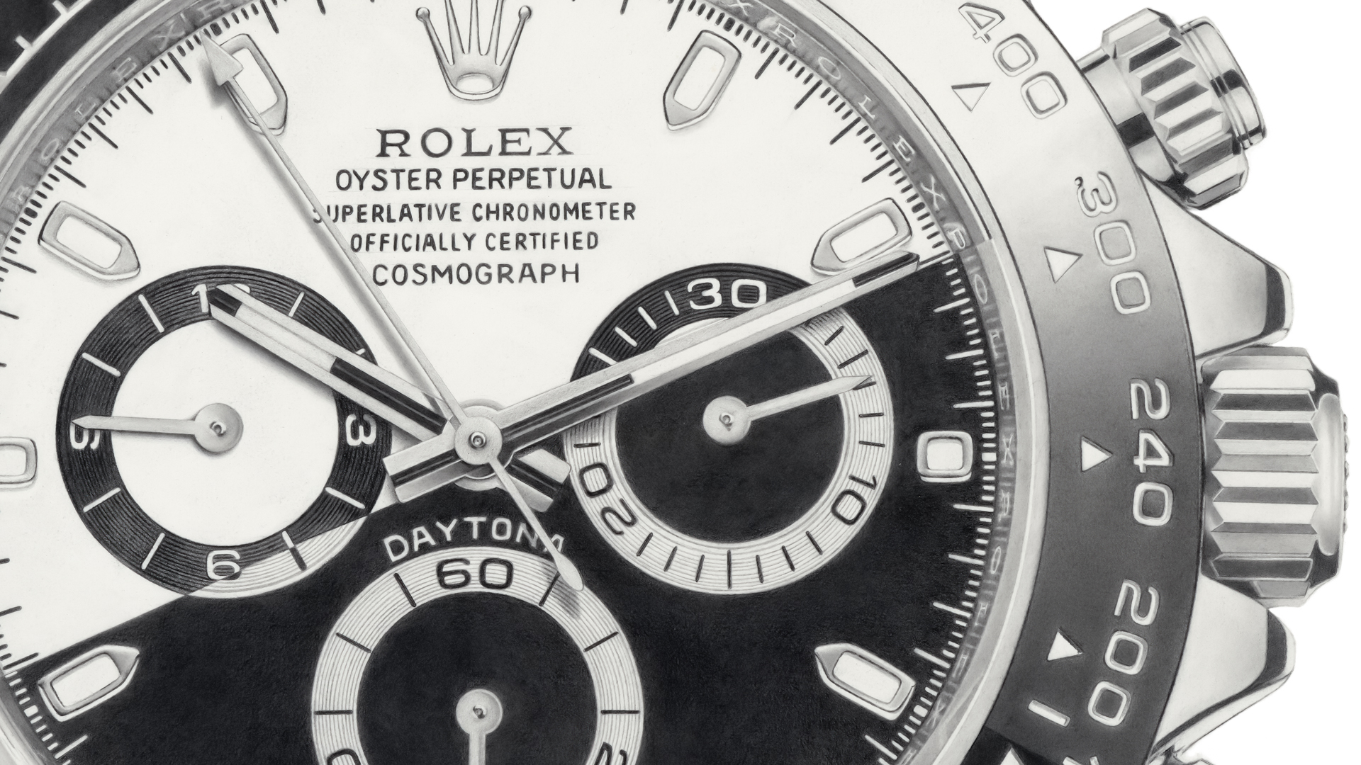 Rolex-Daytona-Detyail-large-hyperrealism-Sinziana-Iordache- This image provides a close-up view of the hyperrealistic drawing by Sinziana Iordache, featuring a Daytona watch. It focuses on the intricate details of the watch's mechanism, highlighting the precision in rendering the dial, hands, and mechanism.