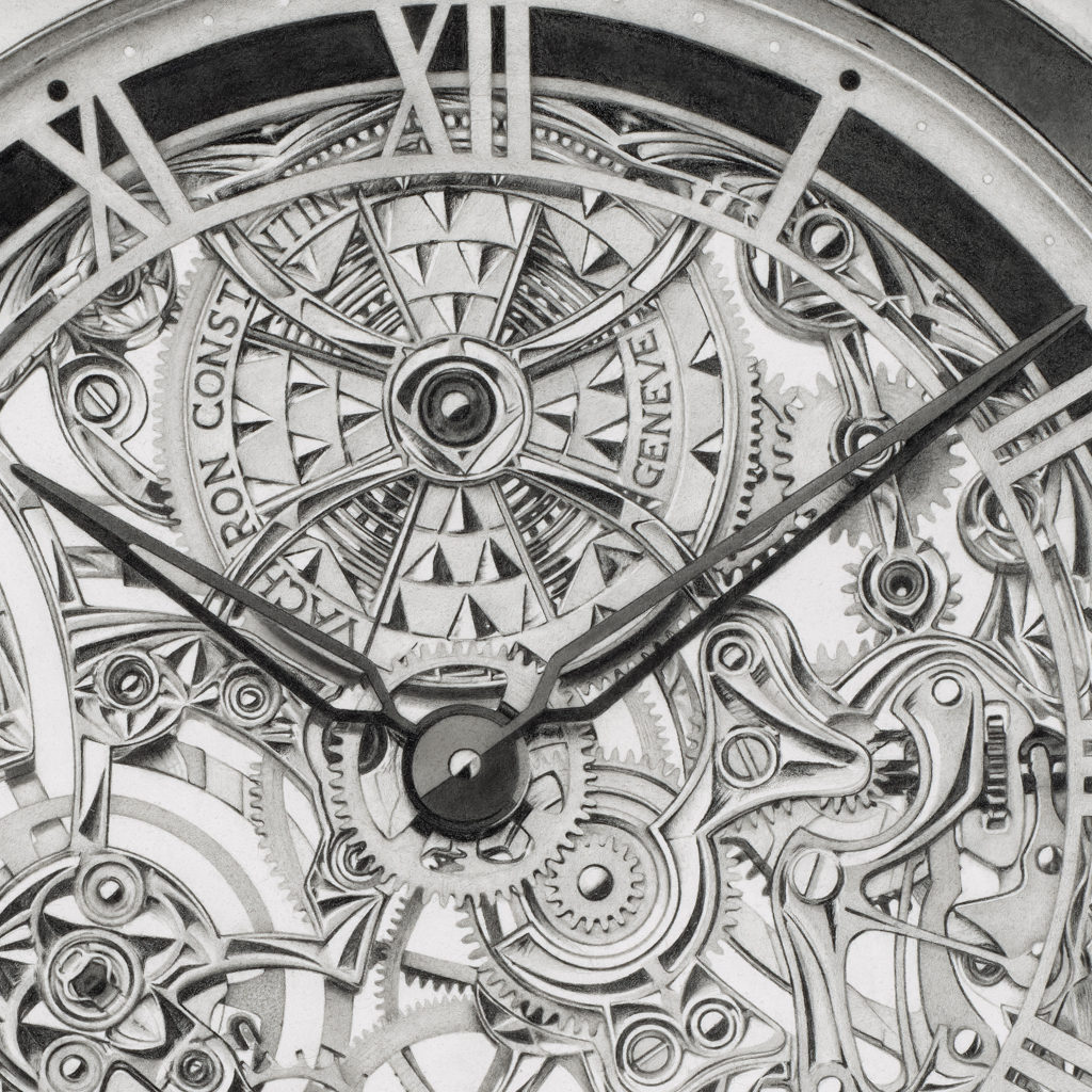 This zoomed image highlights the remarkable details of hyperrealistic watch art drawing by Sinziana Iordache, specifically focusing on the intricate features of the watch's mechanism, including the hands.