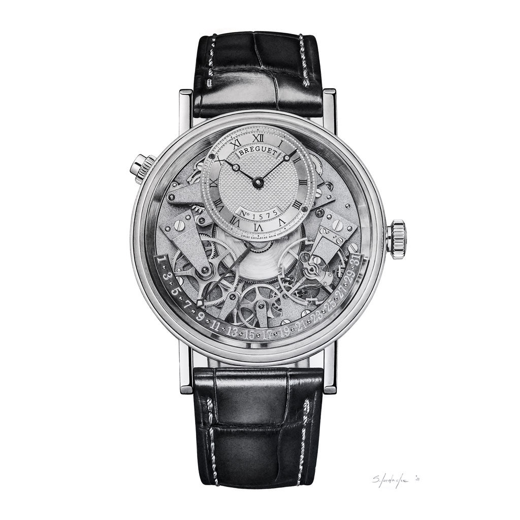 This image showcases the luxury watch drawing of the Breguet Tradition Quantième Rétrograde by Sinziana Iordache. It highlights the impeccably rendered leather band and intricate details of its mechanism. Also available as fine art prints.