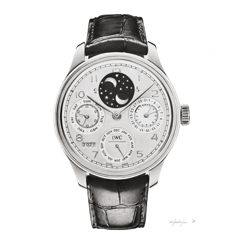 Explore the captivating image showcasing the intricate beauty of this IWC luxury watch art piece. A stunning representation of craftsmanship and elegance, this artwork depicts the fine details of the Portugieser model with precision, exuding timeless sophistication. A must-have for any watch enthusiast.