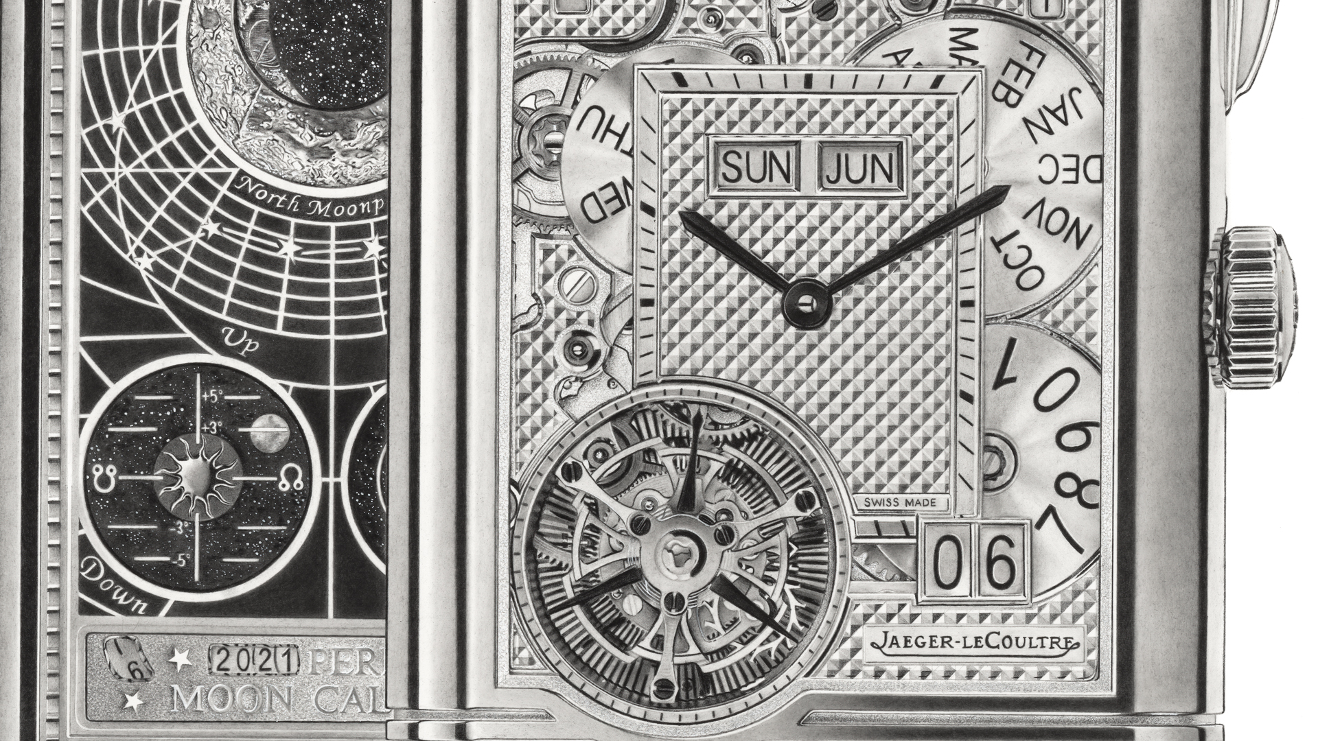 The image displays a zoomed section of the remarkable JLC Reverso Hybris Mechanica Calibre 185 hyperrealistic drawing by Sinziana Iordache. It showcases the incredible texture meticulously rendered in the artwork.