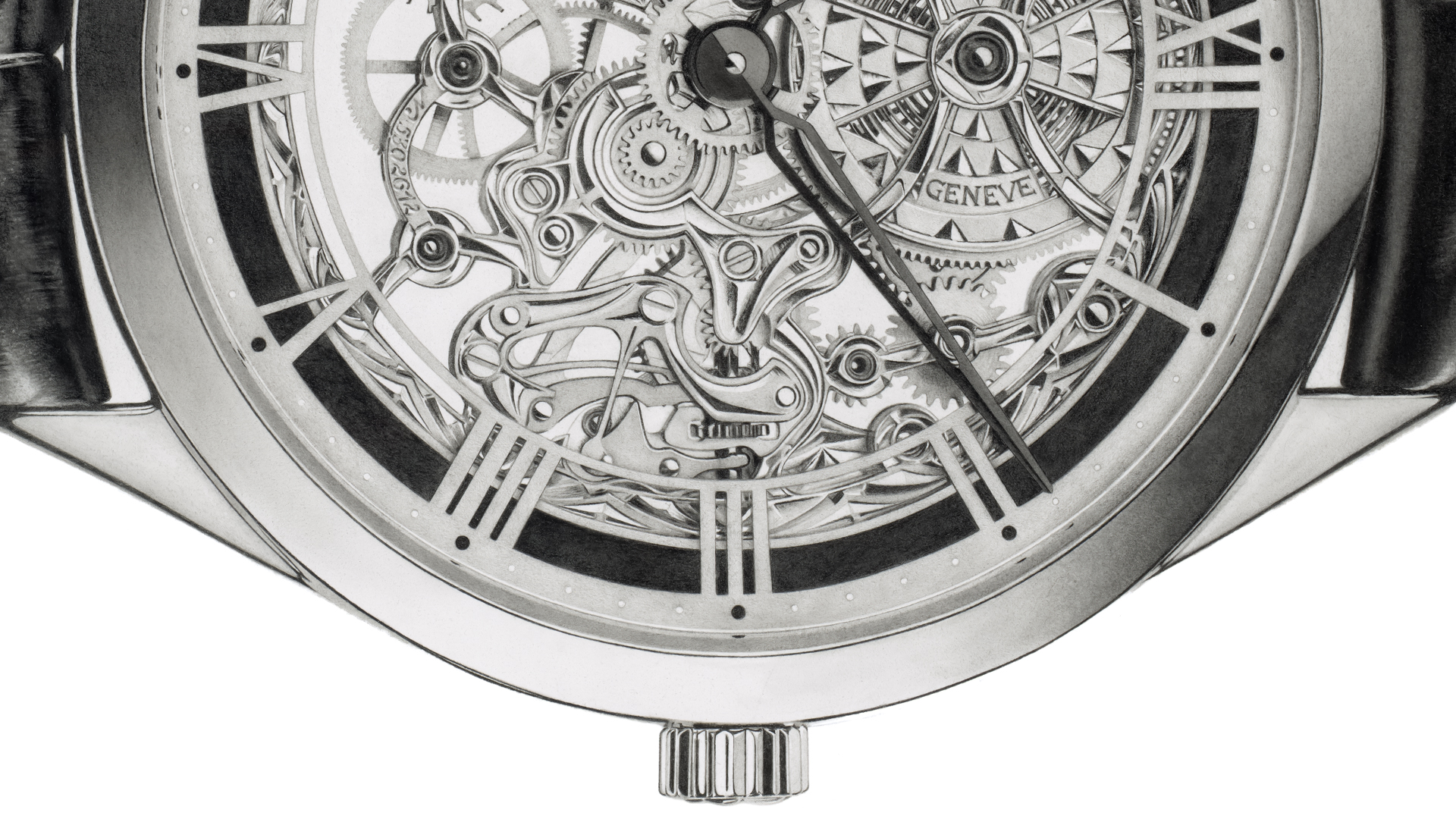 This zoomed image highlights the details of the hyperrealistic Vacheron Constantin Métiers d’Art Art Drawing by Sinziana Iordache, specifically focusing on the intricate features of the watch's mechanism, including the minute hand and the crown.