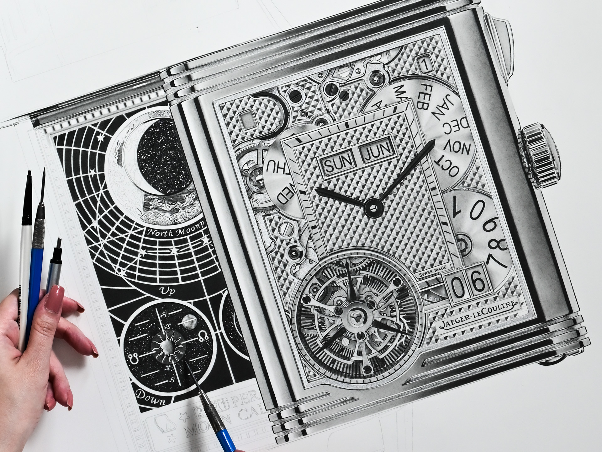 Luxury Watch Art Drawing in progress of a Jaeger-LeCoultre Reverso, created in graphite with technical pencils.