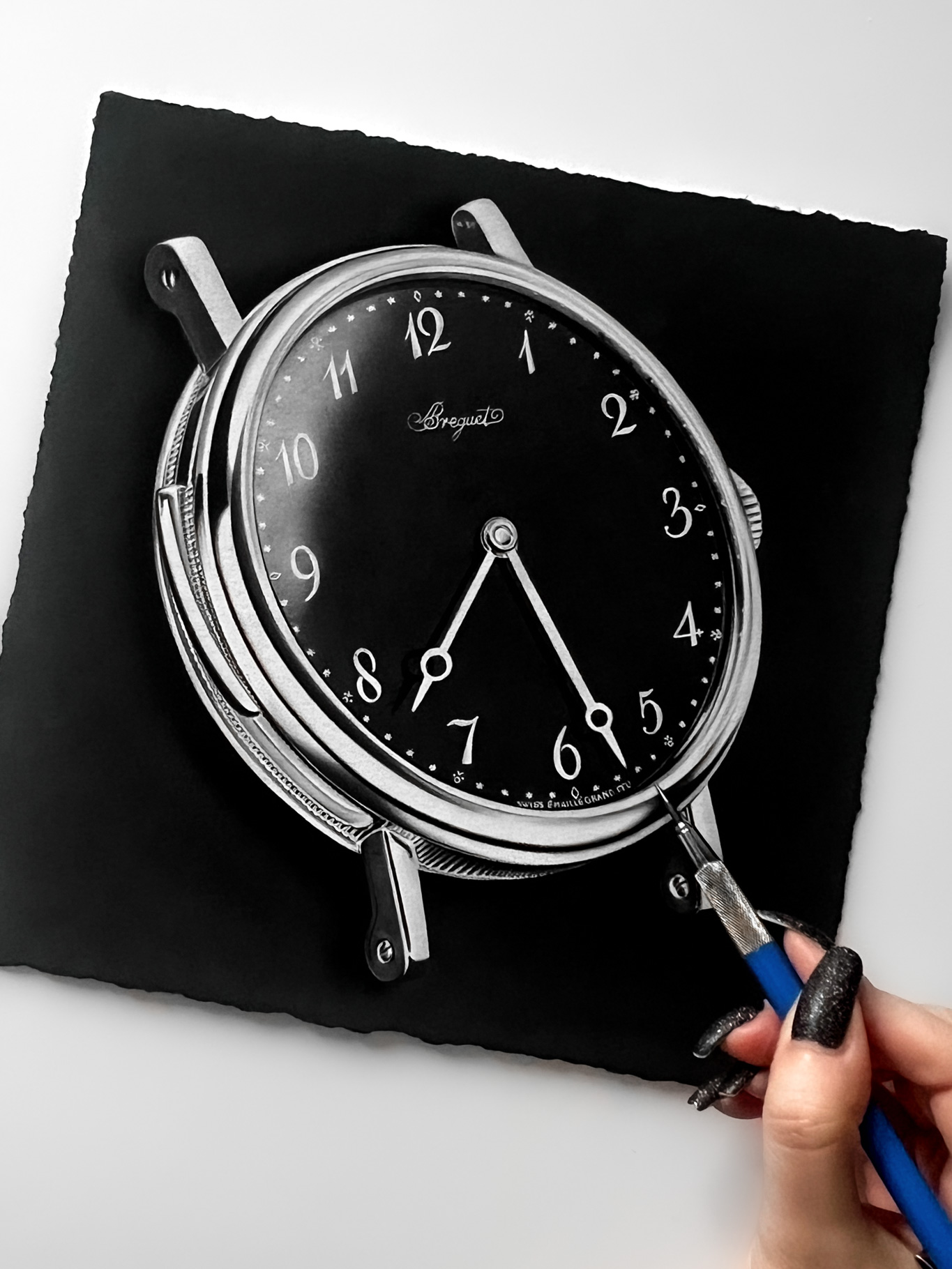 Breguet-gift-watch-drawing Hyperrealistic Breguet watch drawing by Sinziana Iordache showcasing detailed mechanical textures, reflections, and fine graphite craftsmanship as part of a custom watch art commission.