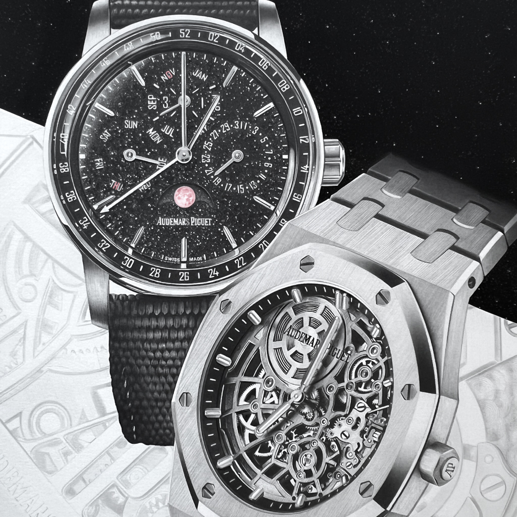 Audemars Piguet Drawing by Sinziana Iordache, featuring the Code 11.59 Aventurine with a star-speckled dial and moonphase alongside the Royal Oak “Jumbo” Extra-Thin Openworked, highlighting intricate skeletonized movement details, layered graphite shading, and brushed metal textures.