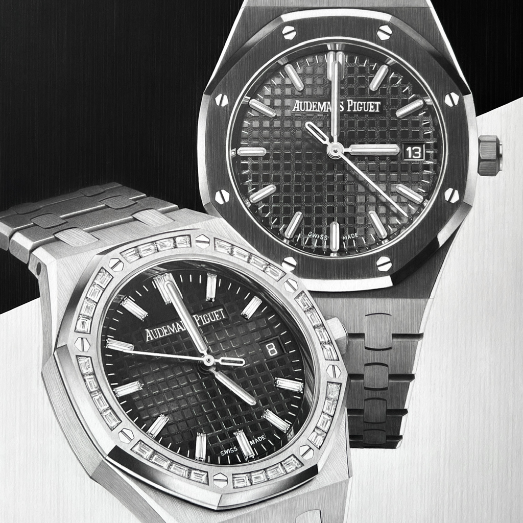 Audemars Piguet Royal Oak Drawing by Sinziana Iordache, depicting two Royal Oak watches, one black ceramic and one stainless steel with diamond-set bezel, featuring detailed tapisserie dials, brushed metal textures, and layered graphite shading, rendered on cotton paper.