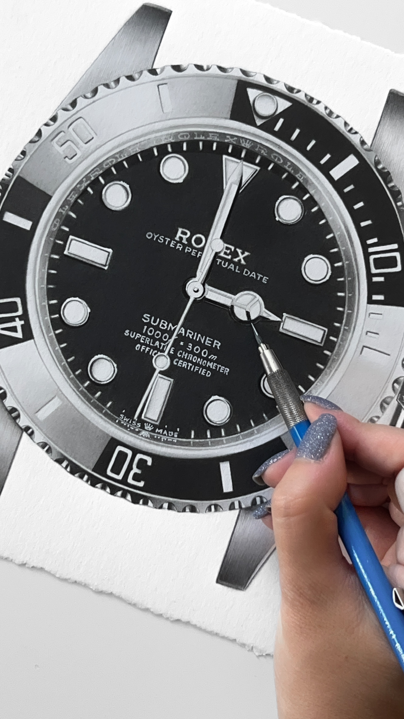 Rolex-Black-Submariner-1 Black Submariner Drawing by Sinziana Iordache, depicting a Rolex Black Submariner with a minimalist dial, precise reflections, and subtle tonal transitions, emphasizing restraint and control, rendered in graphite on 100% cotton paper.