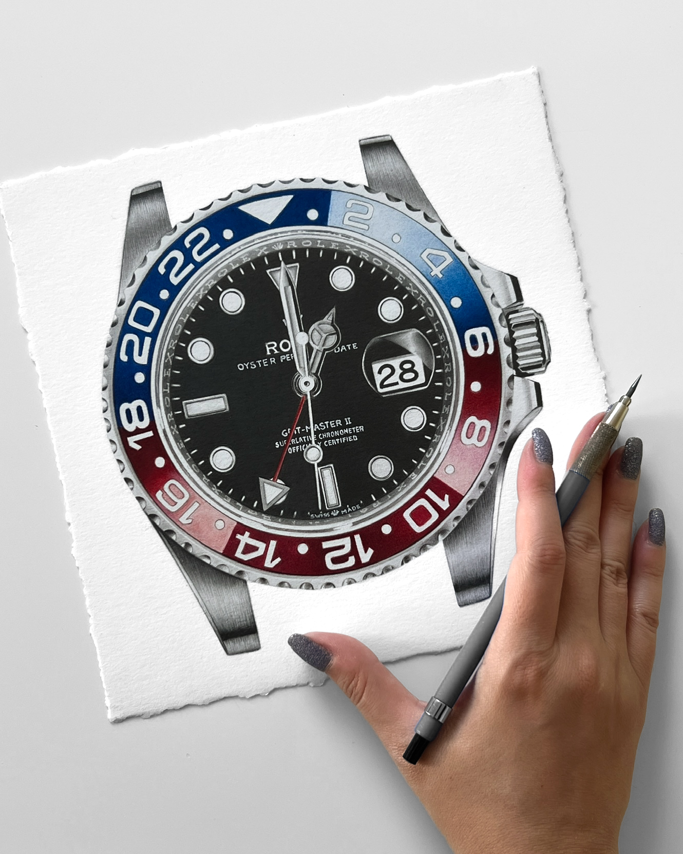 Rolex-Pepsi-Submariner-2 Pepsi Submariner drawing by Sinziana Iordache, depicting a detailed Rolex Submariner with a red and blue 'Pepsi' bezel, precisely rendered markers and hands, and subtle shading to capture depth and texture, completed in graphite and coloured pencils on 100% cotton paper.