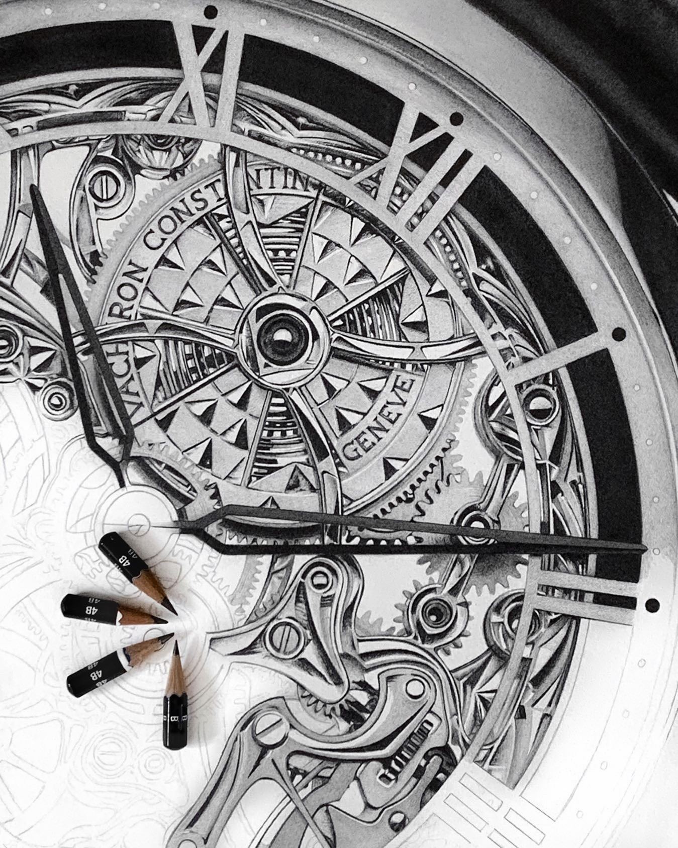 Close-up detail of the Vacheron Constantin Drawing by Sinziana Iordache, showcasing the intricate architecture, reflections, and mechanical components of the Métiers d'Art Mécaniques Ajourées.