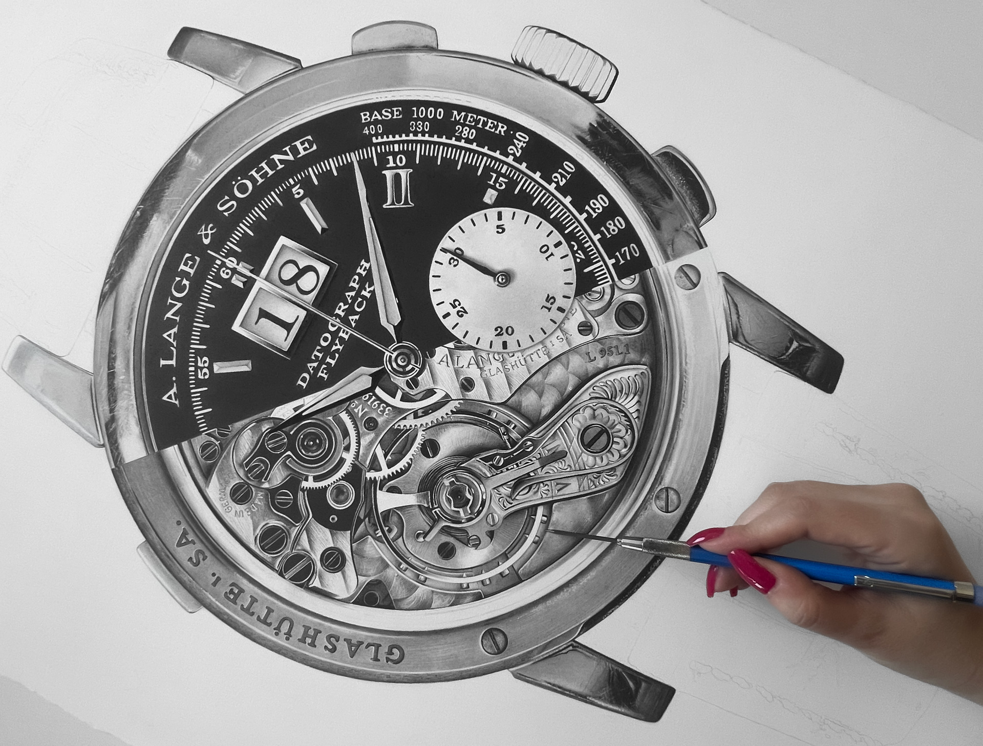 Hyperrealistic A. Lange & Söhne watch artwork by Sinziana Iordache showcasing intricate movement details