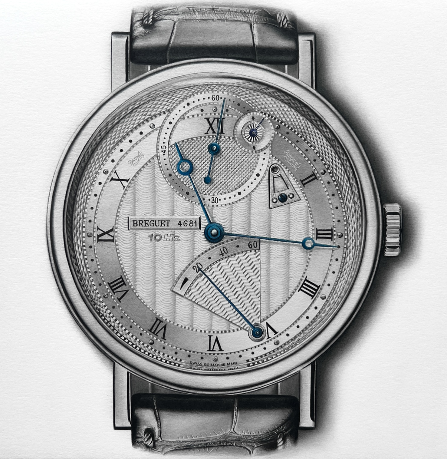 Breguet Classique Chronométrie 7727 Drawing by Sinziana Iordache faithfully recreating the elegant silver guilloché dial, blue accents, and precision craftsmanship in graphite and coloured pencil.