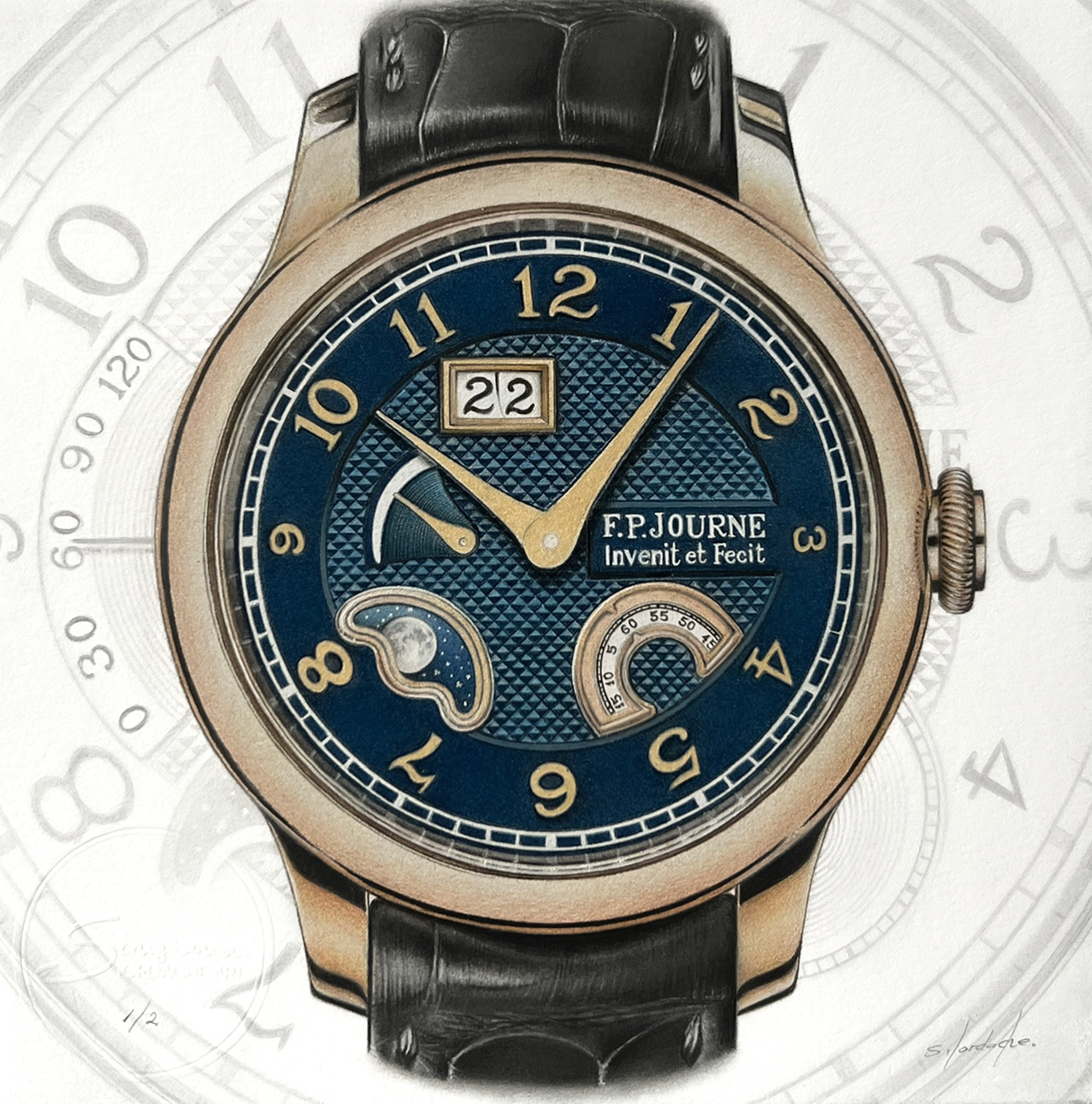 Finished hyperrealistic watch drawing of the F.P. Journe Divine, featuring the intricate guilloché dial, moonphase display, and warm rose gold tones. By Sinziana Iordache.