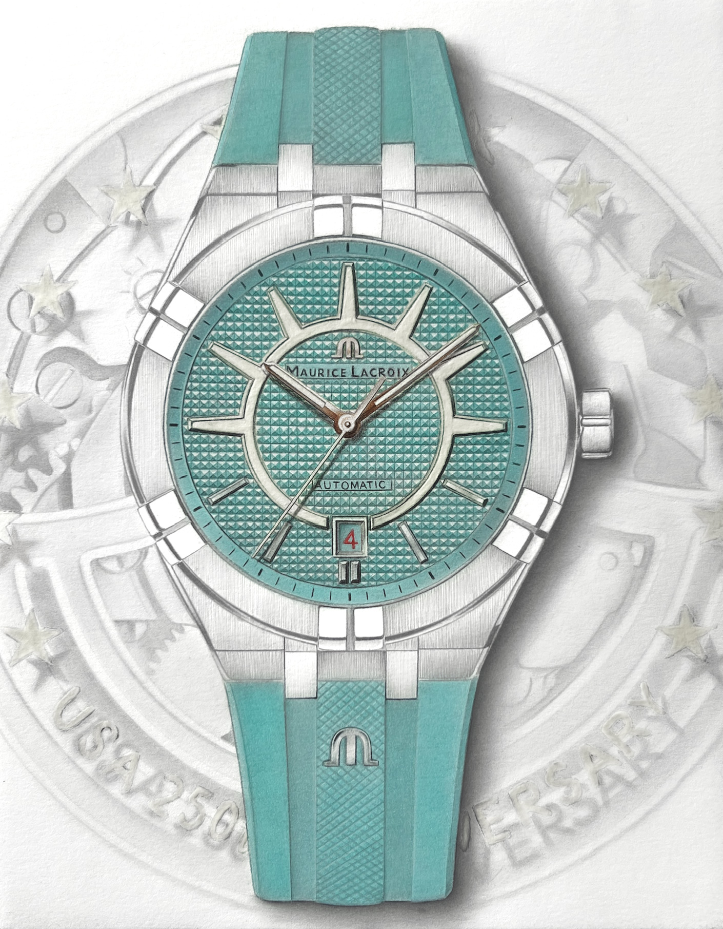 Finished Maurice Lacroix AIKON Liberty Edition Drawing by Sinziana Iordache featuring the Bartholdi Green dial and luminous crown-inspired motif.