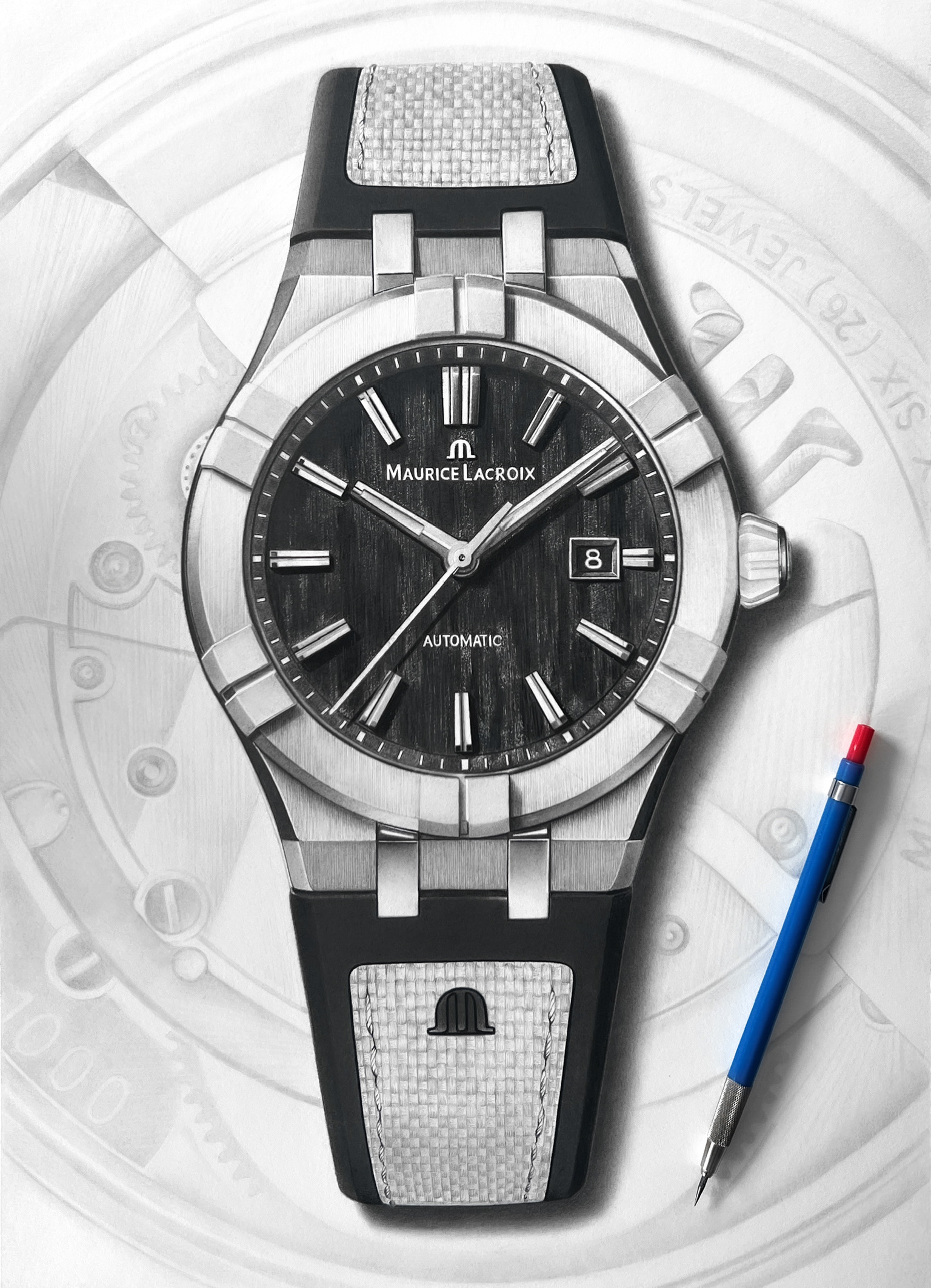 Finished Maurice Lacroix Aikonic Drawing by Sinziana Iordache with the complete watch and faded caseback in the background.