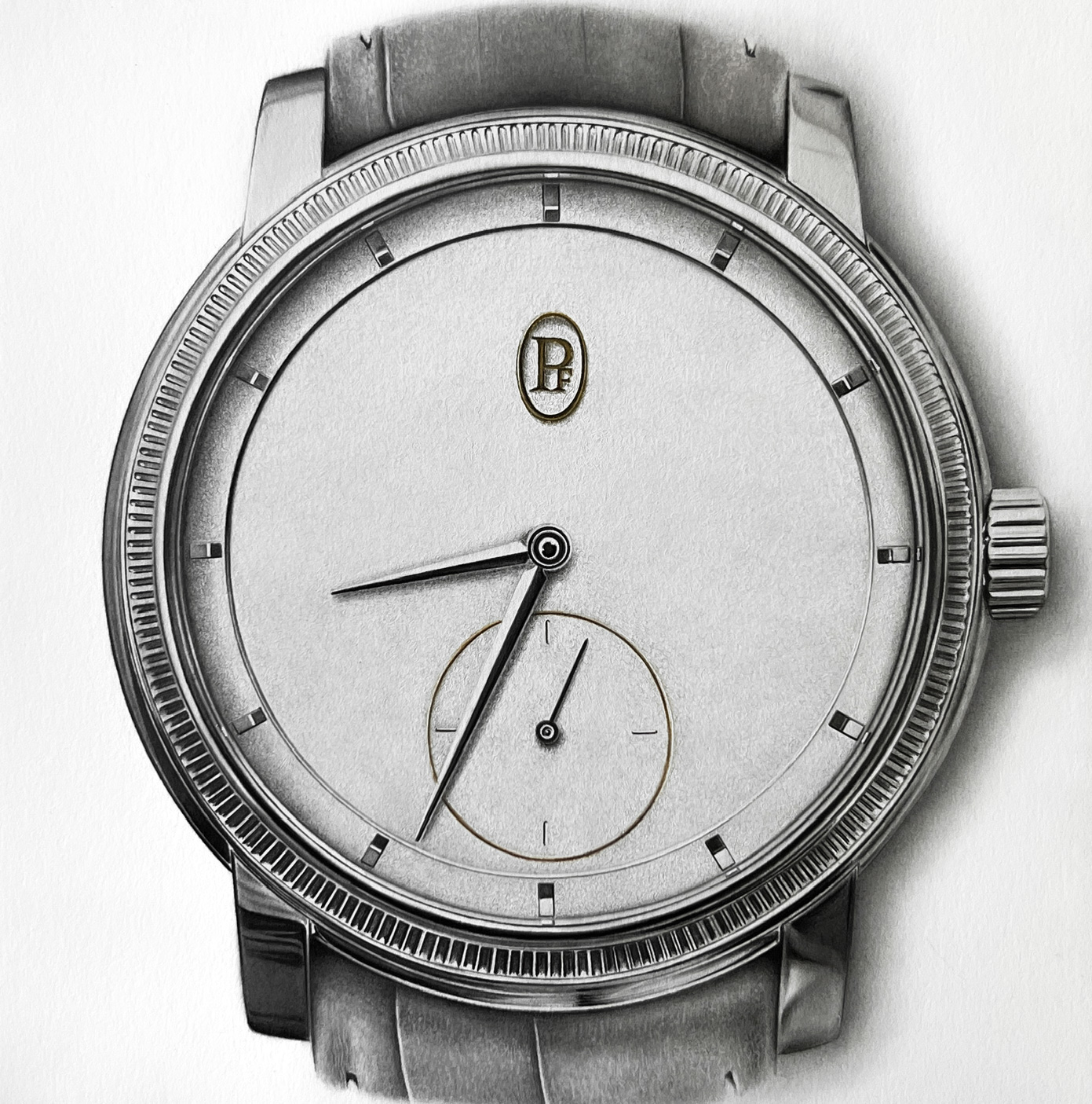 Parmigiani Fleurier Toric Drawing by Sinziana Iordache showcasing the softly textured graphite dial, fluted bezel, and elegant Petite Seconde layout.