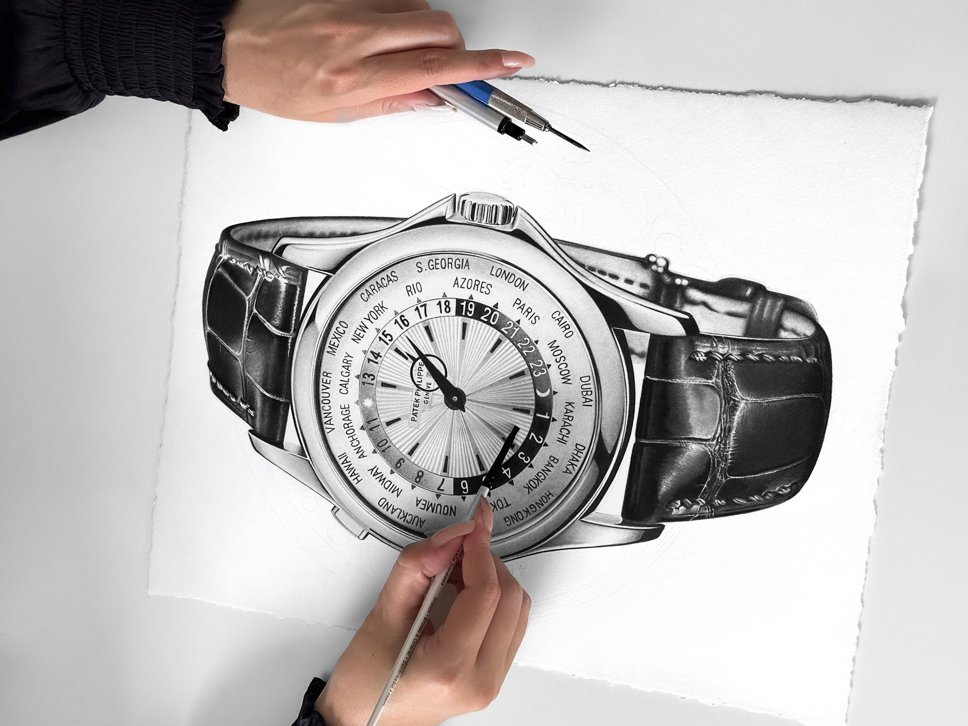 Behind the scenes of a custom watch drawing commission in progress at Sinziana Iordache’s studio