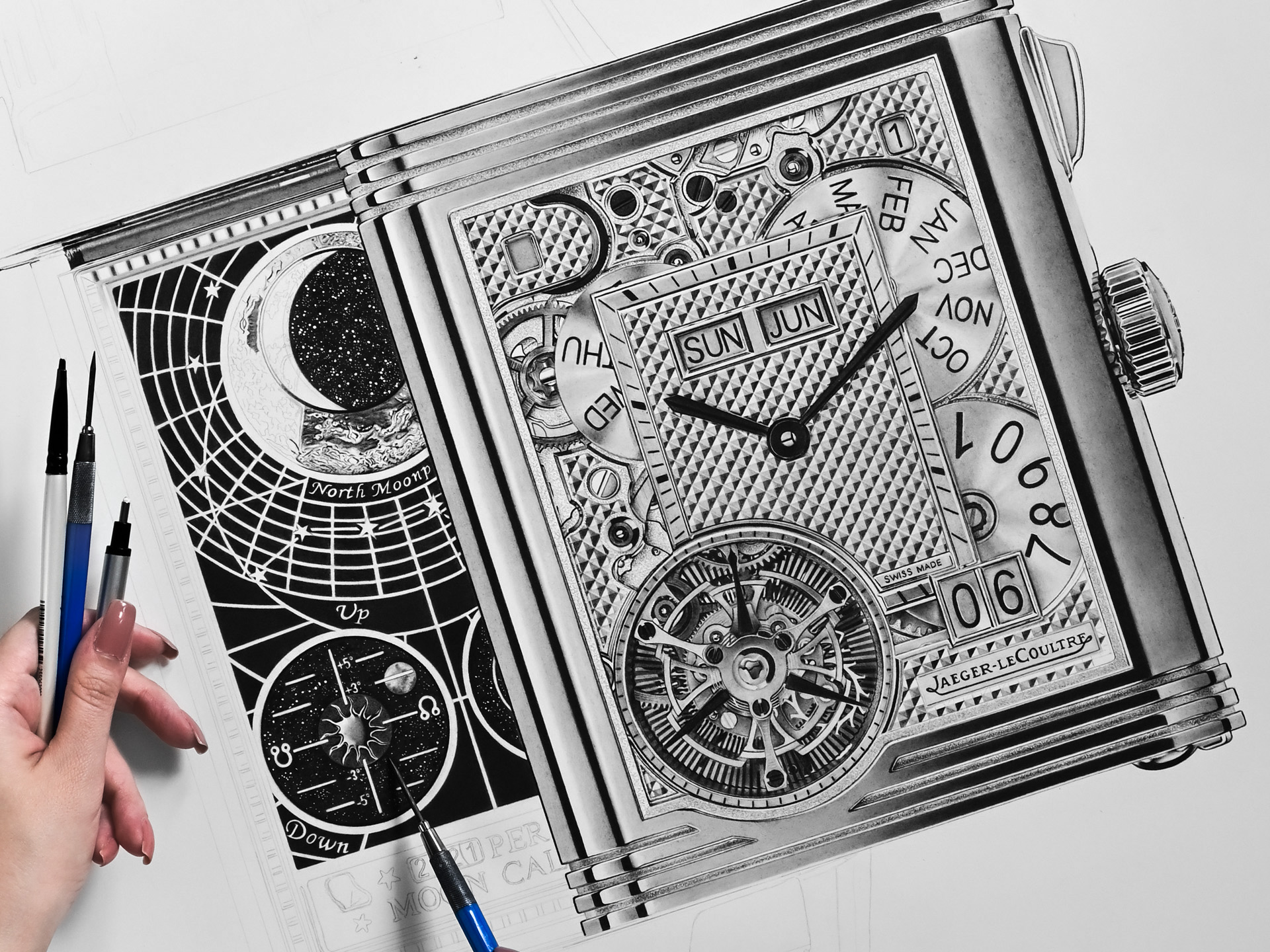 Luxury Watch Art Drawing in progress of a Jaeger-LeCoultre Reverso, created in graphite with technical pencils. Close-up detail of a hyperrealistic graphite watch drawing showing layered textures and reflections.
