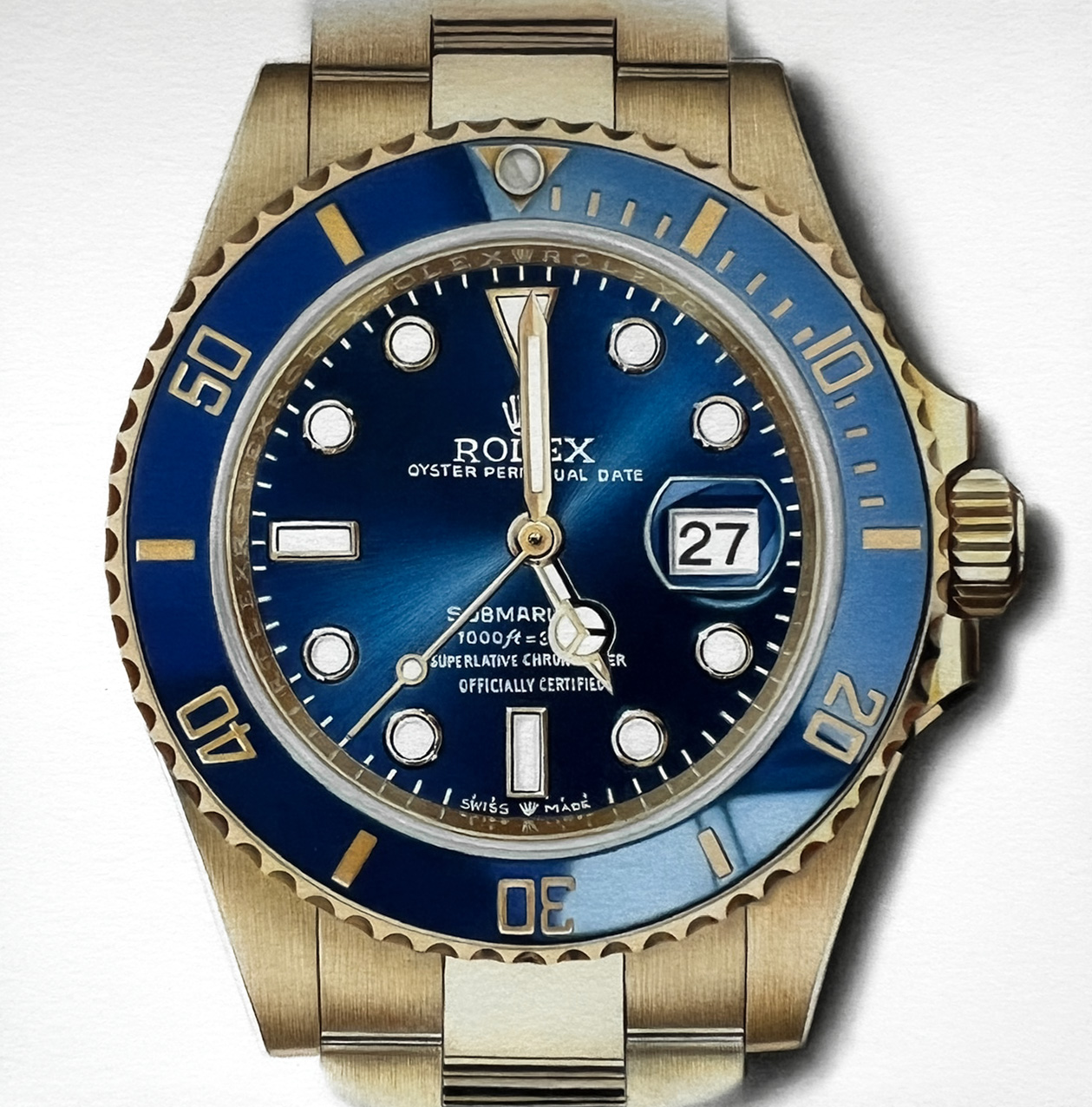 Finished hyperrealistic watch drawing of the Rolex Bluesy, by Sinziana Iordache showcasing the complete composition with vivid blue tones and finely rendered gold details.