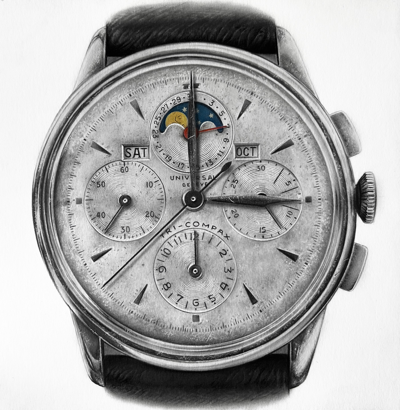 Finished hyperrealistic watch drawing of the Universal Geneve Tri-Compax, faithfully recreating the watch's rich patina, calendar complications, and timeless vintage elegance. Hand-drawn by Sinziana Iordache.